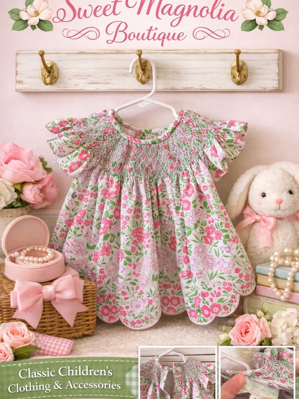RARE Ruffles and Frogs Heirloom Hand Smocked Floral Scallop Dress 2T Luxury - Picture 3 of 4